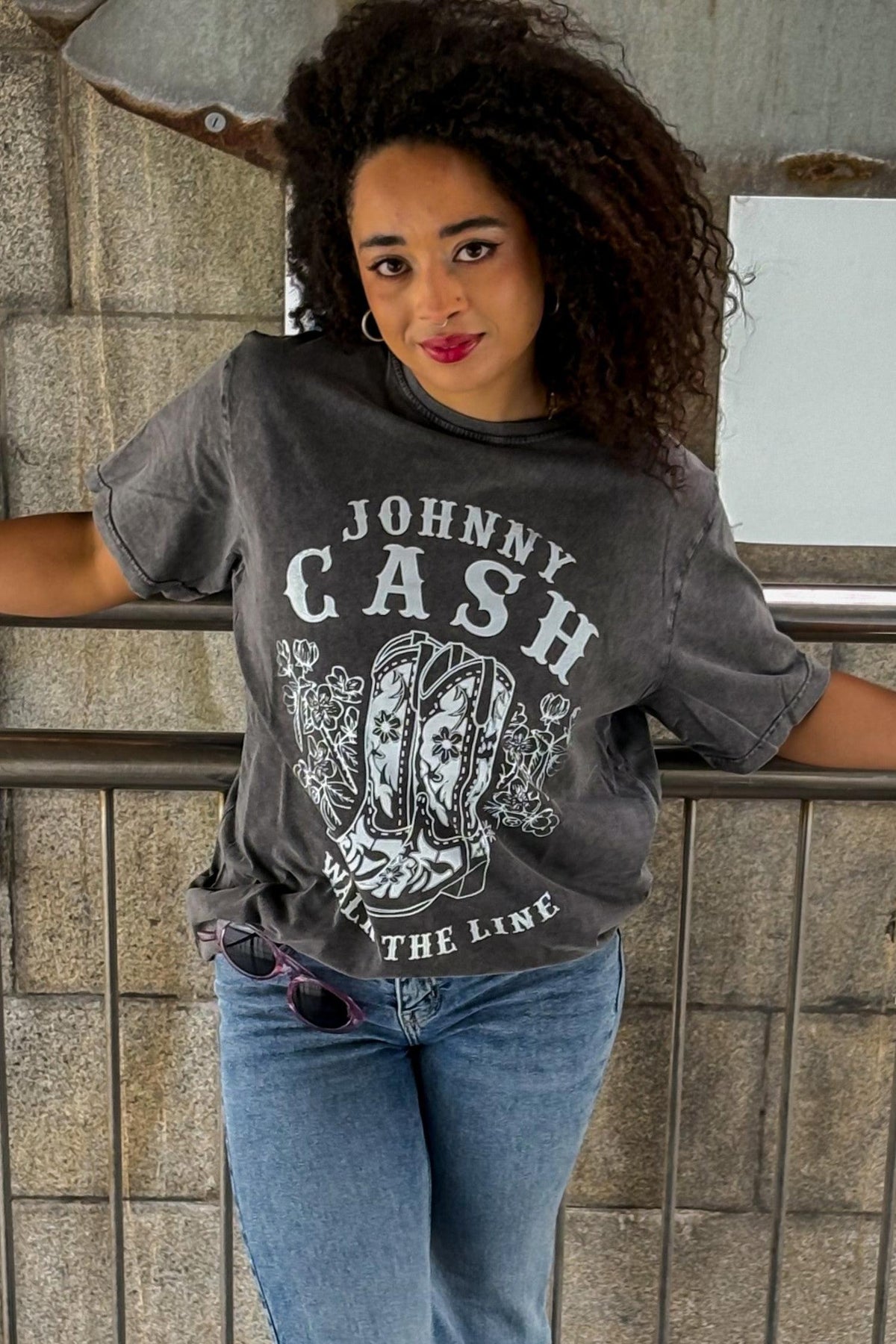 Johnny Cash Walk The Line Grey Stone Wash Tshirt