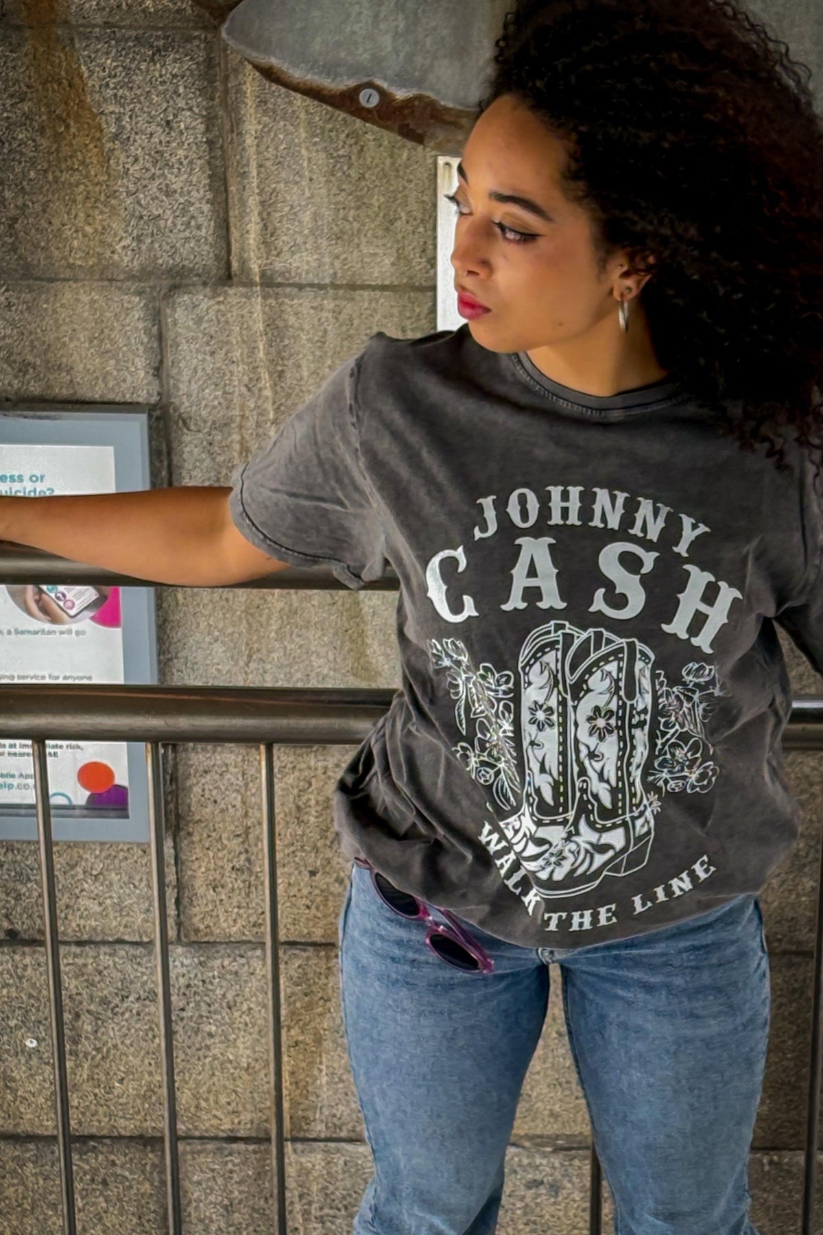 Johnny Cash Walk The Line Grey Stone Wash Tshirt