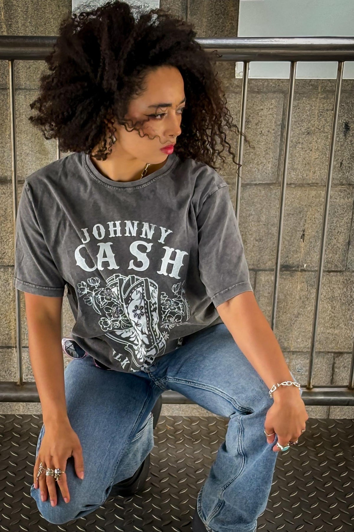 Johnny Cash Walk The Line Grey Stone Wash Tshirt