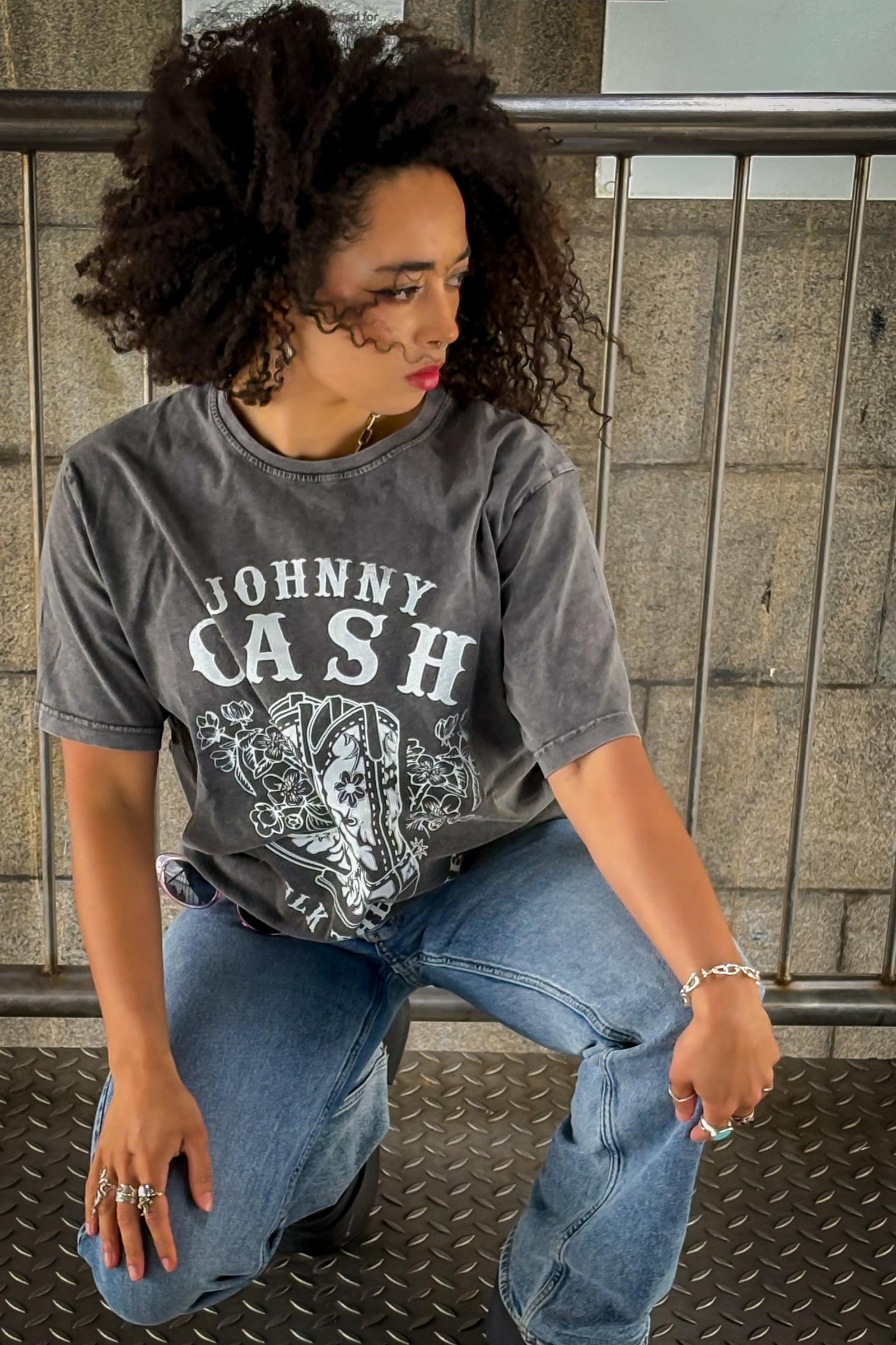Johnny Cash Walk The Line Grey Stone Wash Tshirt
