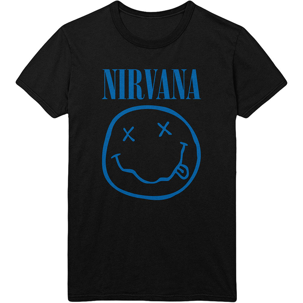 Nirvana Happy Face - Blue on Black Tshirt - PRE ORDER