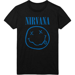 Nirvana Happy Face - Blue on Black Tshirt - PRE ORDER
