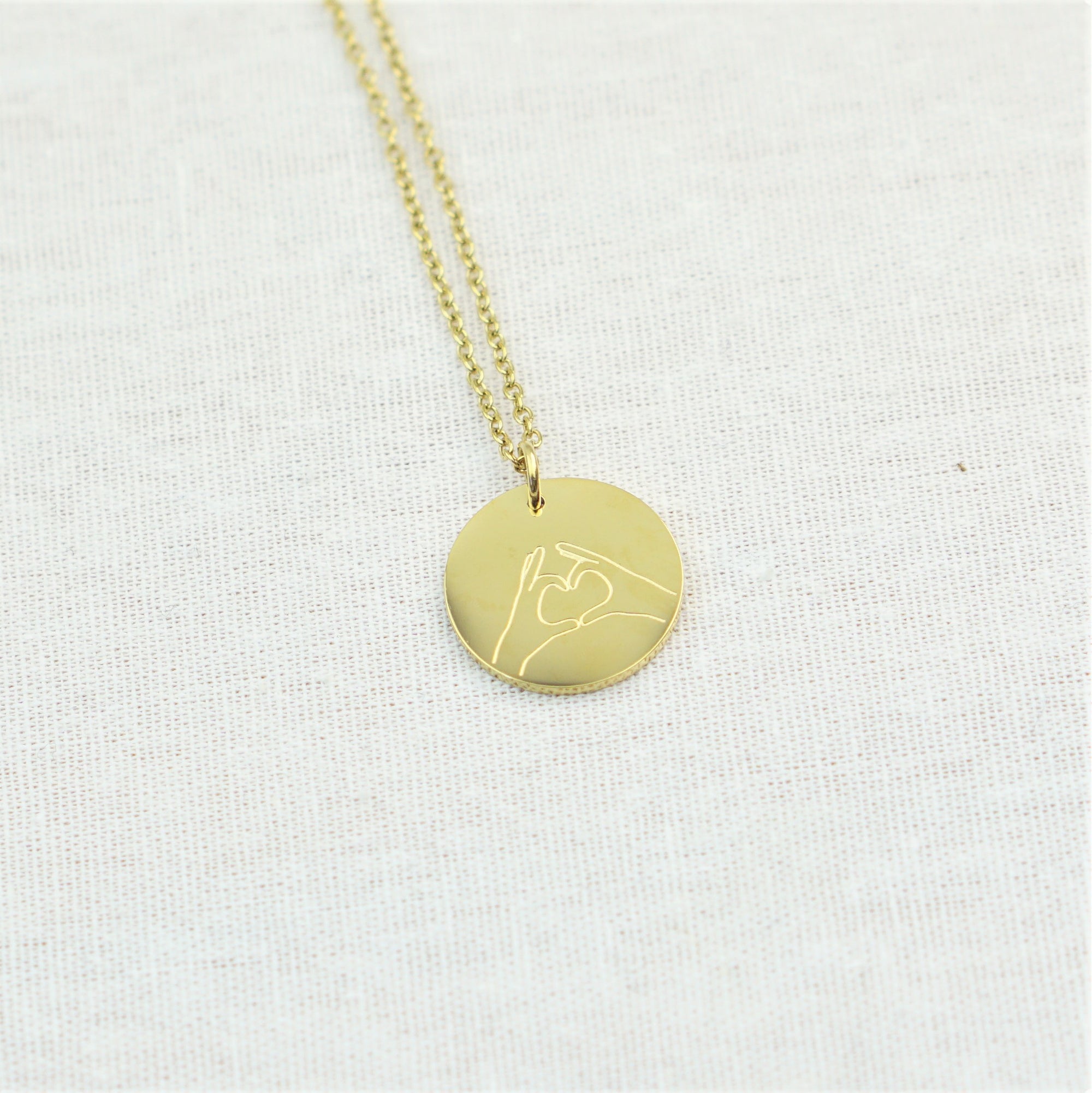 Heart Hand Sign Engraved Disc Necklace