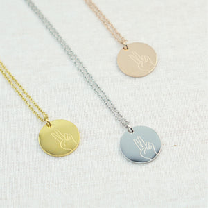 Peace Hand Sign Engraved Disc Necklace