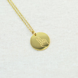 Peace Hand Sign Engraved Disc Necklace