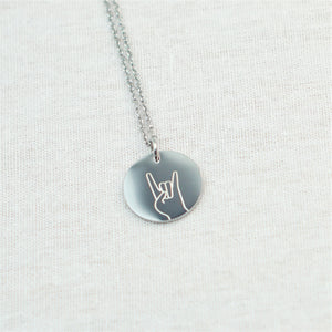 Rock N Roll Hand Sign Engraved Disc Necklace