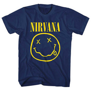 Nirvana Happy Face - Yellow on Blue Tshirt - PRE ORDER
