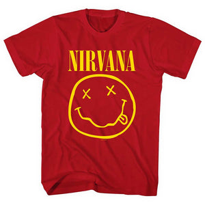 Nirvana Happy Face - Yellow on Red Tshirt - PRE ORDER